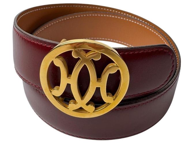 Hermès Cinturón reversible Hermes Double H Circle Logo Burdeos Camello