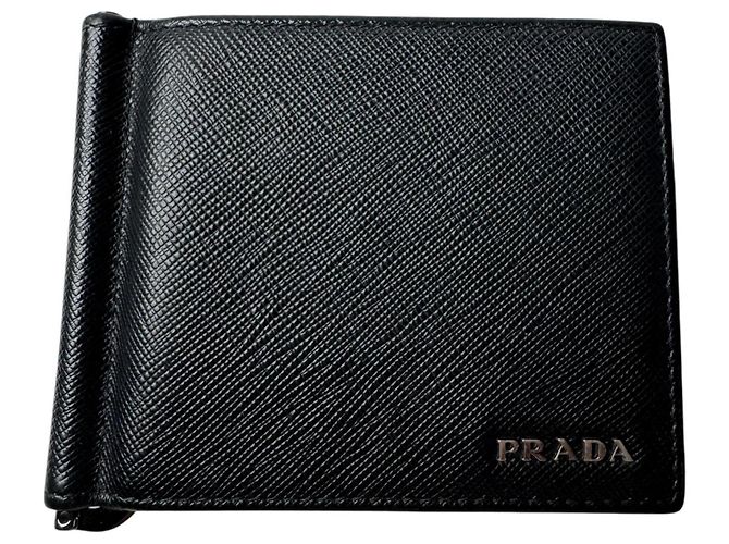 Prada Saffiano Leather Money Clip Mini Wallet Black