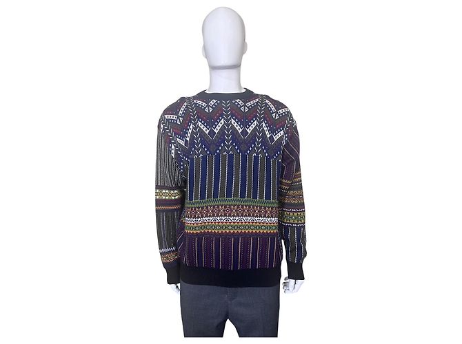 Kenzo Wollmischung Pullover Geometrisches Muster Braun Weiß Rot Blau Grün Grau