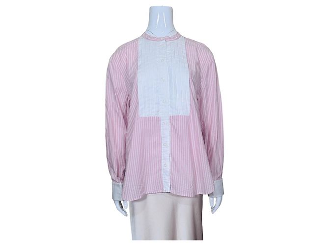Autre Marque ME+EM Camicia in cotone a righe rosa e bianche con plastron plissettato Bianco