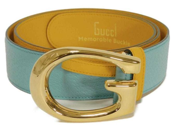 Cintura in pelle Gucci G Logo Emblem Giallo Blu chiaro