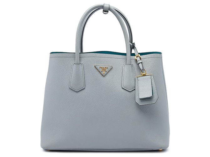 Prada Sac Satchel Double en Cuir Saffiano Gris Medium Marron