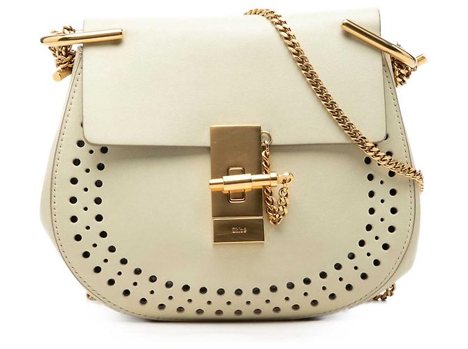 Chloé Bolsa Tiracolo Drew em couro perfurado branco Small Cru