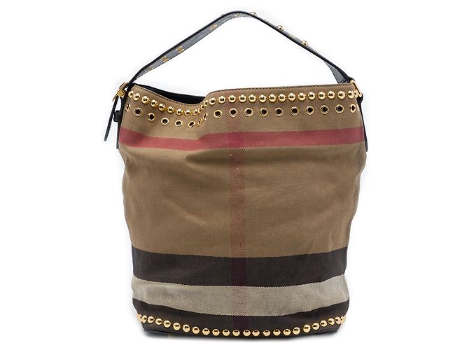 Borsa a secchiello Burberry Ashby in tela Mega Check con borchie, marrone, Medium