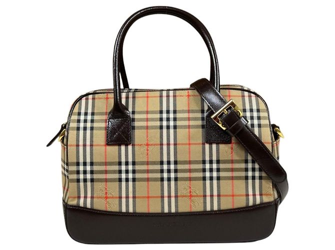 Bolsa de Ombro Burberry Mini Boston Nova Check Shadow Horse Marrom Bege