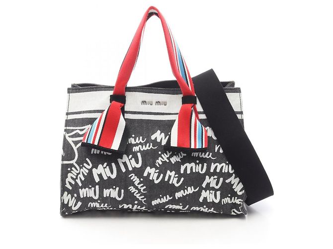 Borsa Tote Miu Miu in Denim con Logo Marrone Bianco