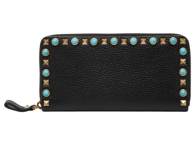 Valentino Rockstud Round Zip Long Wallet Black