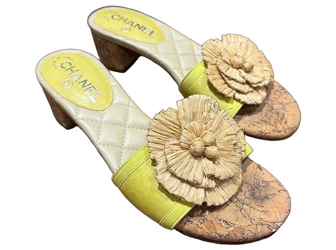 Chanel Yellow Raffia Flower Cork Heel Mules Beige