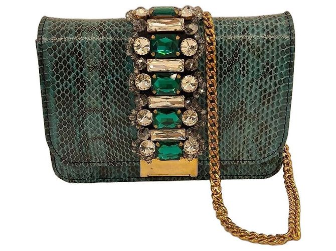Gedebe Borsa in pelle stampa pitone Green Crystal Verde Gold hardware