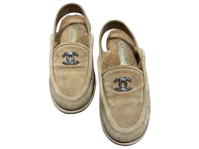 Chanel Mocassini Slingback in camoscio e shearling Marrone Beige