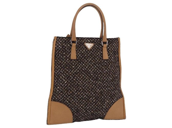 Sac à main PRADA Tweed Brown Silver Auth 202875A Marron Argenté