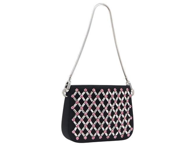 Borsa a tracolla Miu Miu Sassy Chain Raso Nero Argento Auth 200582M