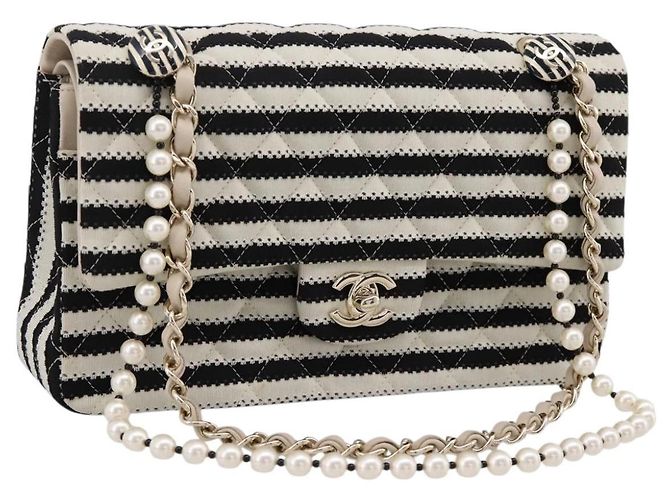 Bolsa CHANEL Chain Matelasse 25 em jersey de algodão Preto Branco gold CC Auth 202910SM Dourado