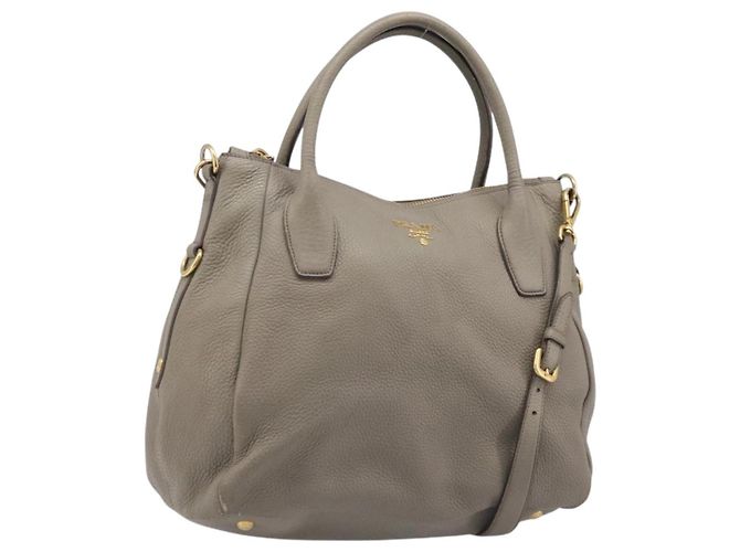 PRADA Handtasche Vittero Dino Leather 2way Grau Gold Auth 202933V Braun Golden