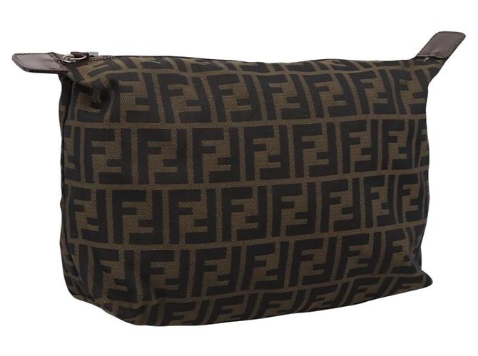 FENDI Zucca Canvas Pouch Braun Silber Auth ti4000