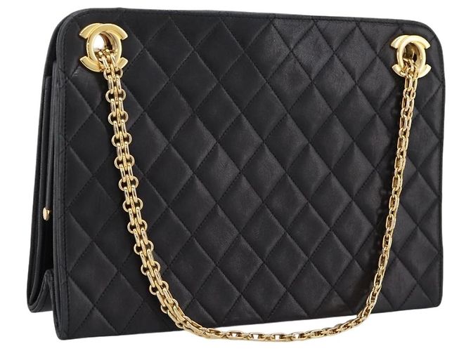 Borsa a tracolla CHANEL Matelasse con catena in pelle d'agnello nera e oro CC Auth 200758V Nero D'oro
