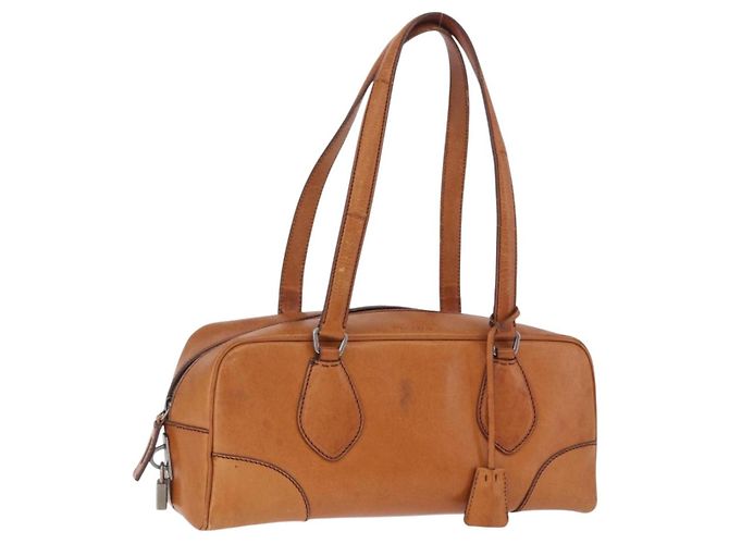 Bolsa de Ombro PRADA em Couro Marrom Prata Auth 202998