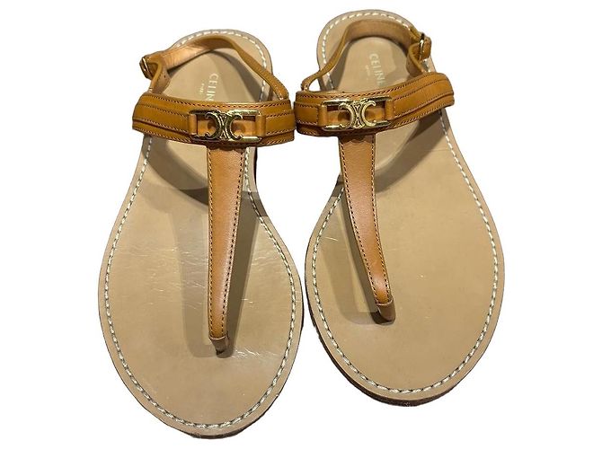Céline Celine Triomphe Leather Thong Sandals - Tan Brown