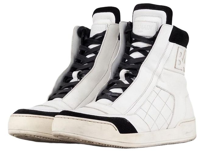 Sapatilhas High-Top de couro acolchoado com logo Balmain by Olivier Rousteing AW13 Branco