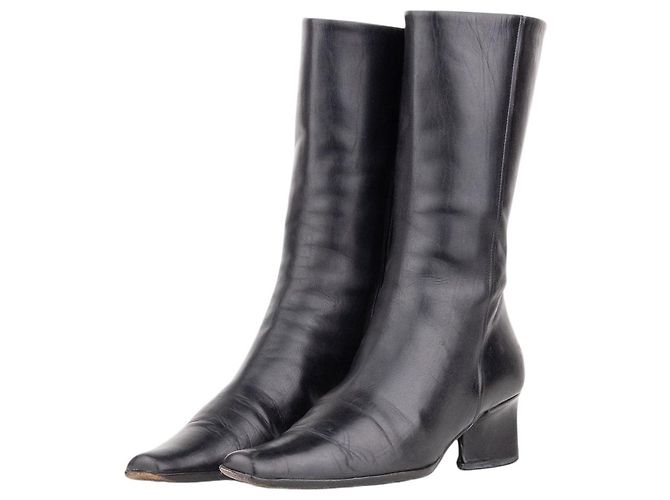 Prada 2000s Mid Calf Square Toe Riding Boots Black