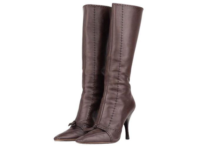 Prada 2000s Knee High Bow Heel Boots Brown