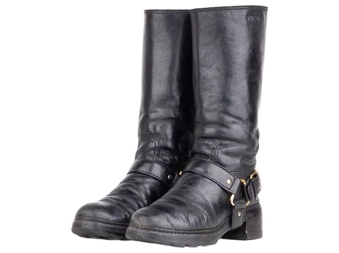 Prada 2000s Knee-High Biker Harness Riding Boots Black