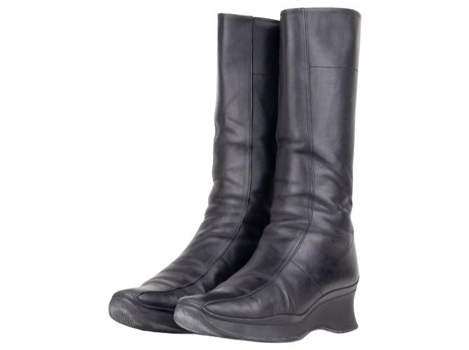 Prada 2000s Knee High Sculptural Platform Wedge Boots Black