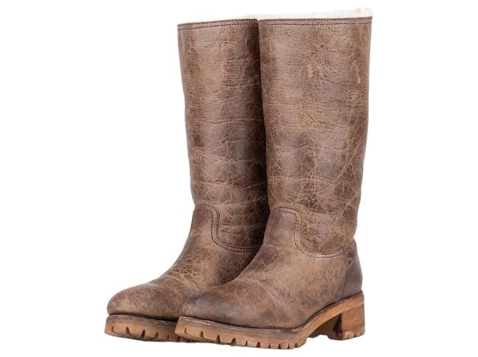 Botas moteras Prada AW11 altas de shearling con efecto pintura Castaño