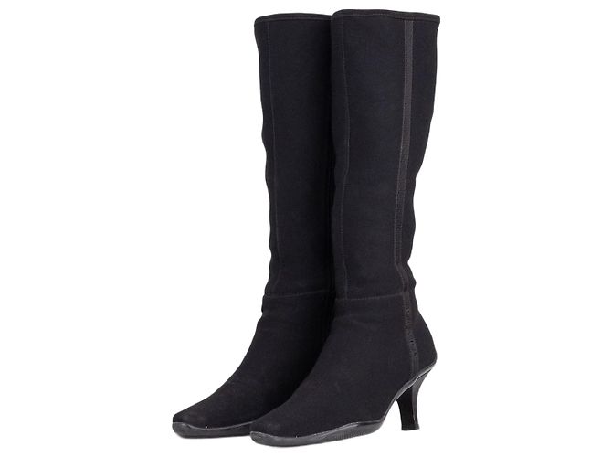 Prada 2000s Knee High Neoprene Kitten Heel Boots Black