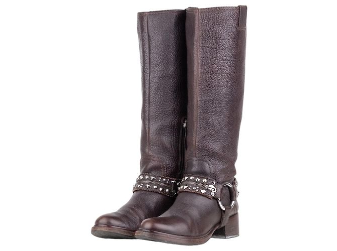Miu Miu 2000s Knee-High Studded Harness Biker Riding Boots Brown