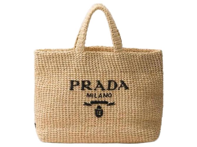 Tote Sac cabas Prada en raphia Beige