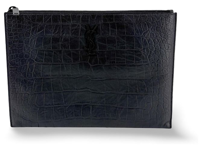 Autre Marque Saint Laurent Classic Monogram Card Holder Crocodile Embossed Leather Black