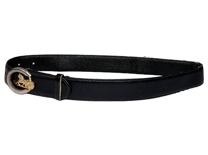 Edge Céline Vintage Celine Leather Belt Black Gold Buckle