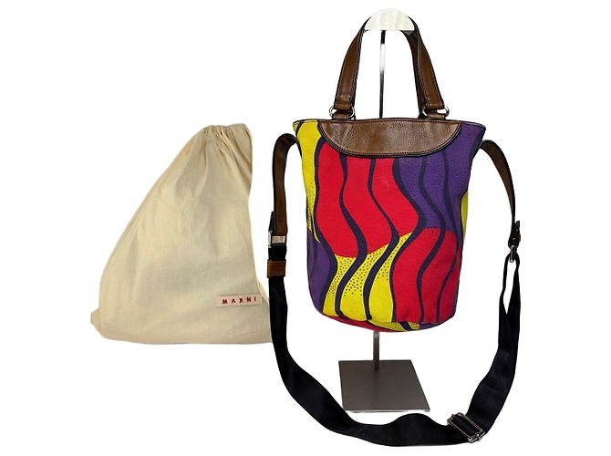 Bolso Tote estructurado Vintage Marni Wave Canvas c. 2009 Púrpura Rojo Amarillo