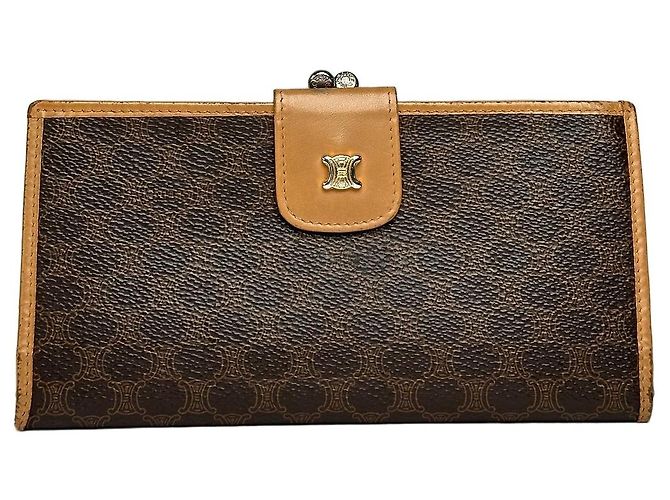 Edge Céline Vintage Celine Coated Canvas Bifold Wallet Dark Brown Tan Beige