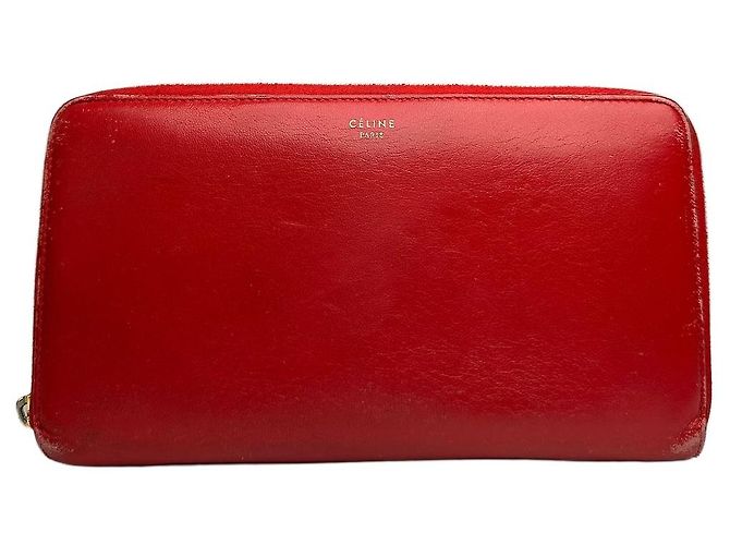 Céline Vintage Celine Classic Leather Zippered Wallet Red Gold