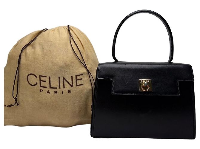 Céline Vintage Celine Structured Leather Top-Handle Bag Black Gold