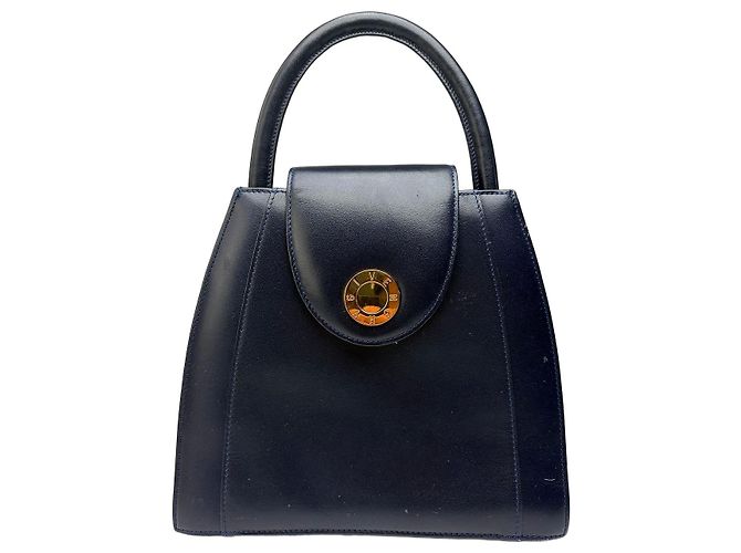 Vintage Givenchy Structured Leather Top-Handle Bag Navy Gold Navy blue