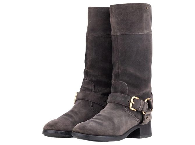 Prada 2000s Mid Calf Suede Biker Boots Grey