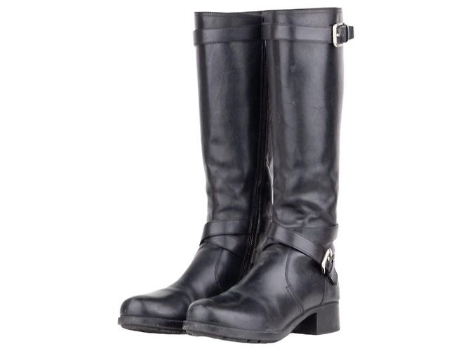 Prada 2000s Knee High Double-Buckle Riding Boots Black