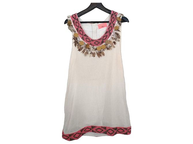 Manoush Robe Chic Pocahontas en Gaze de Coton avec Plumes et Pampilles Marron Rose Blanc Doré