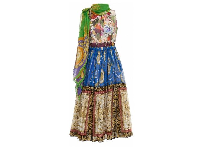 Dolce & Gabbana Maxikleid mit Blumen- und Barockprint mit Schal Weiß Blau Mehrfarben Grün