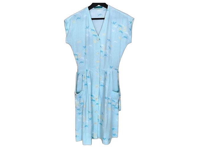 Cacharel Vestido Preppy Fifties de Algodón y Seda Blanco Azul Amarillo Azul claro