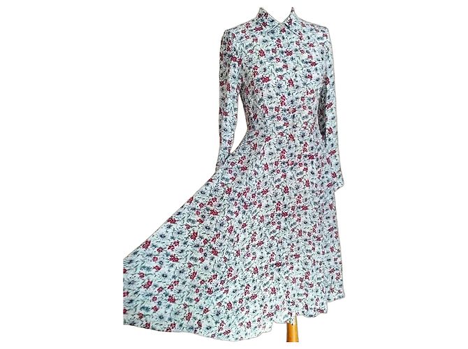 Cacharel Preppy Folk langes Hemdkleid Weiß Rot Blau