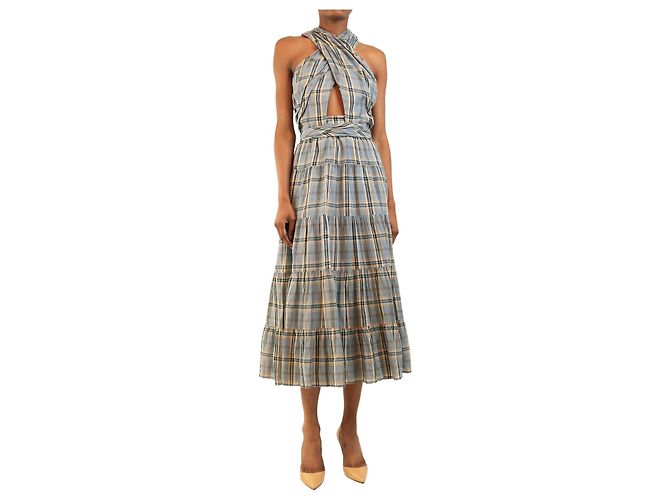 Ulla Johnson Vestido midi xadrez azul sem mangas - size UK 6