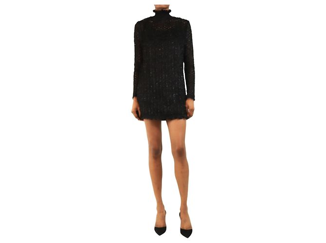 Carven Langes Langarmkleid aus schwarzem flauschigem Lurex - size UK 8