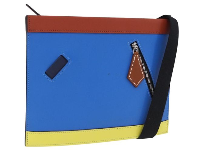 Hermès HERMES Zip Angor Clutch Bag Leather Blue Silver