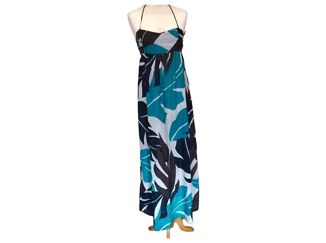Antik Batik Vestido Longo Folk de Algodão Marrom Branco Turquesa Azul escuro