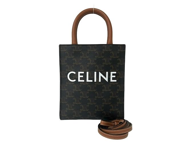 Céline Bolsa de ombro CELINE Mini Vertical Cabas Triomphe em couro com padrão de logo Marrom