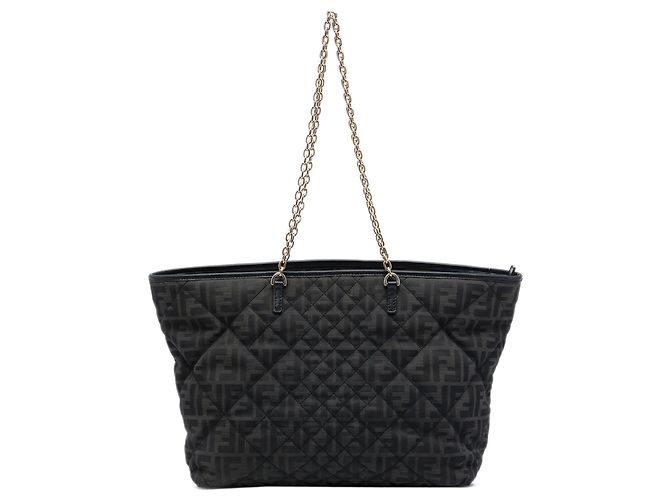 Fendi Black Medium Quilted Zucca Canvas Chain Roll Tote